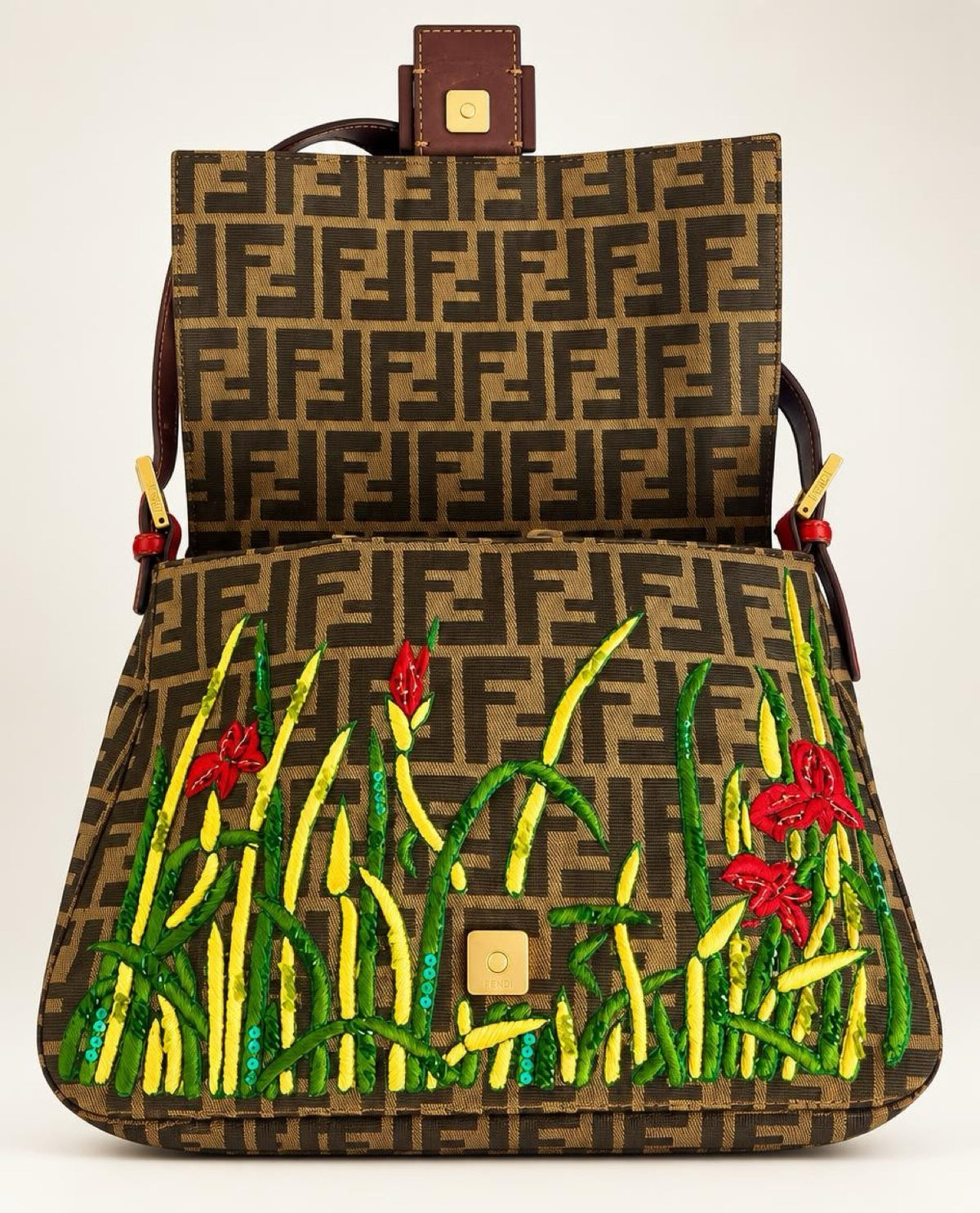 Vintage FENDI Garden Floral Embroidered Beaded Pony Hair Zucca FF Mamma Baguette Bag