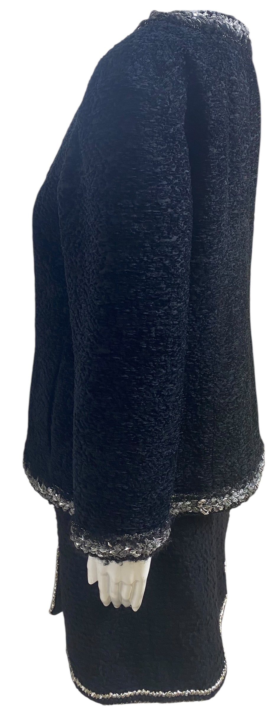 Chanel 14A Runway Supermarket Collection Black Boucle Silver Metallic Braided Trim Jacket 42