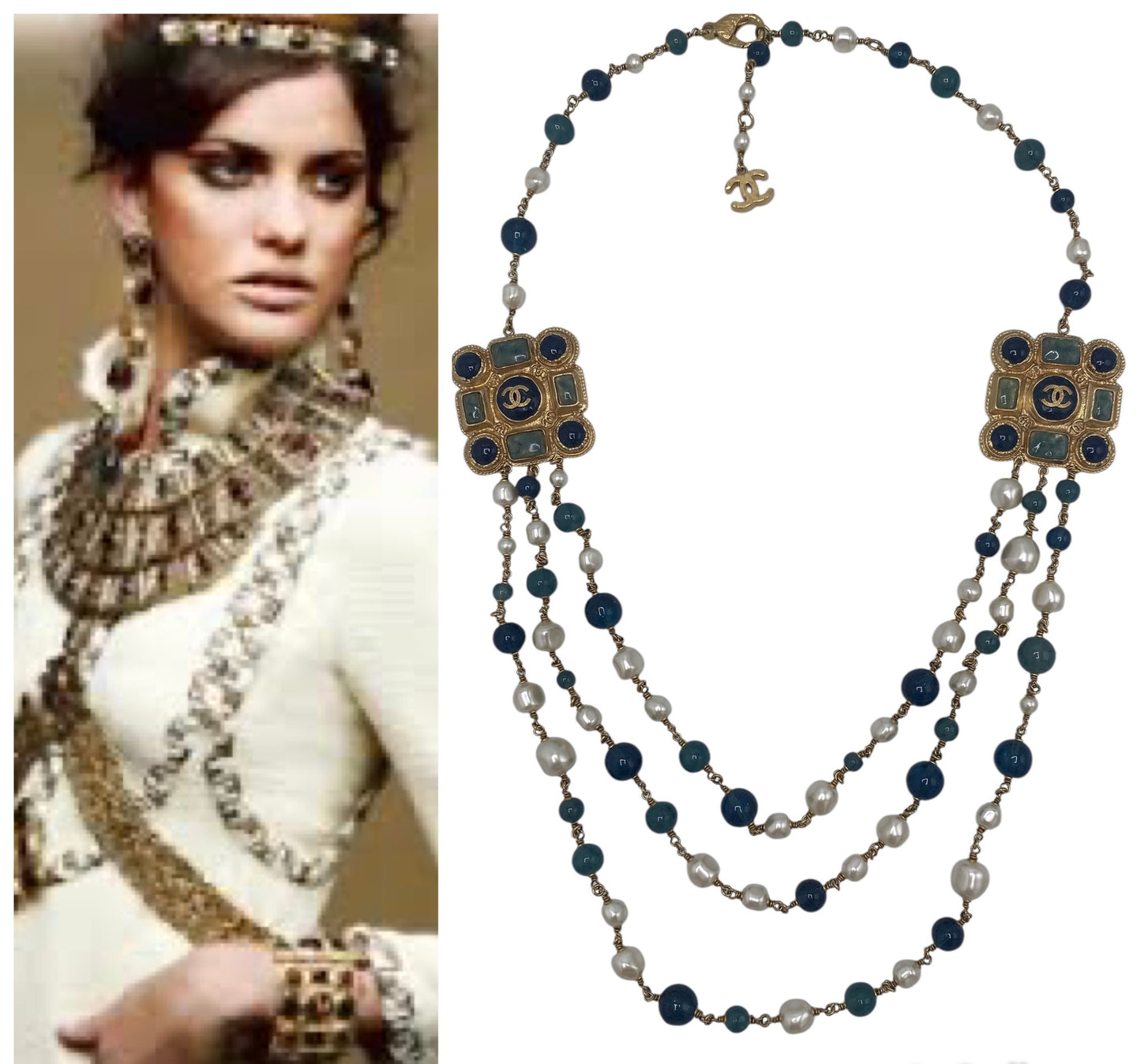 Chanel 11A Paris-Byzance 3 Strand Pearl Medallion Gold Green Blue Necklace/Belt