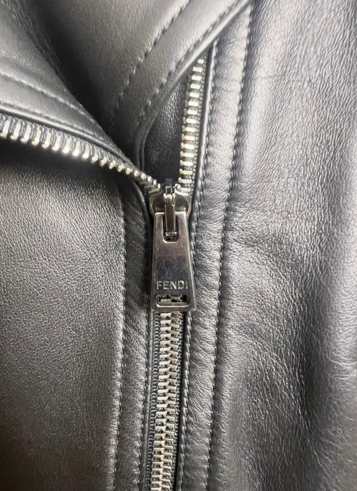 Fendi Black Leather Zucca Velvet Trim Biker Jacket IT 40