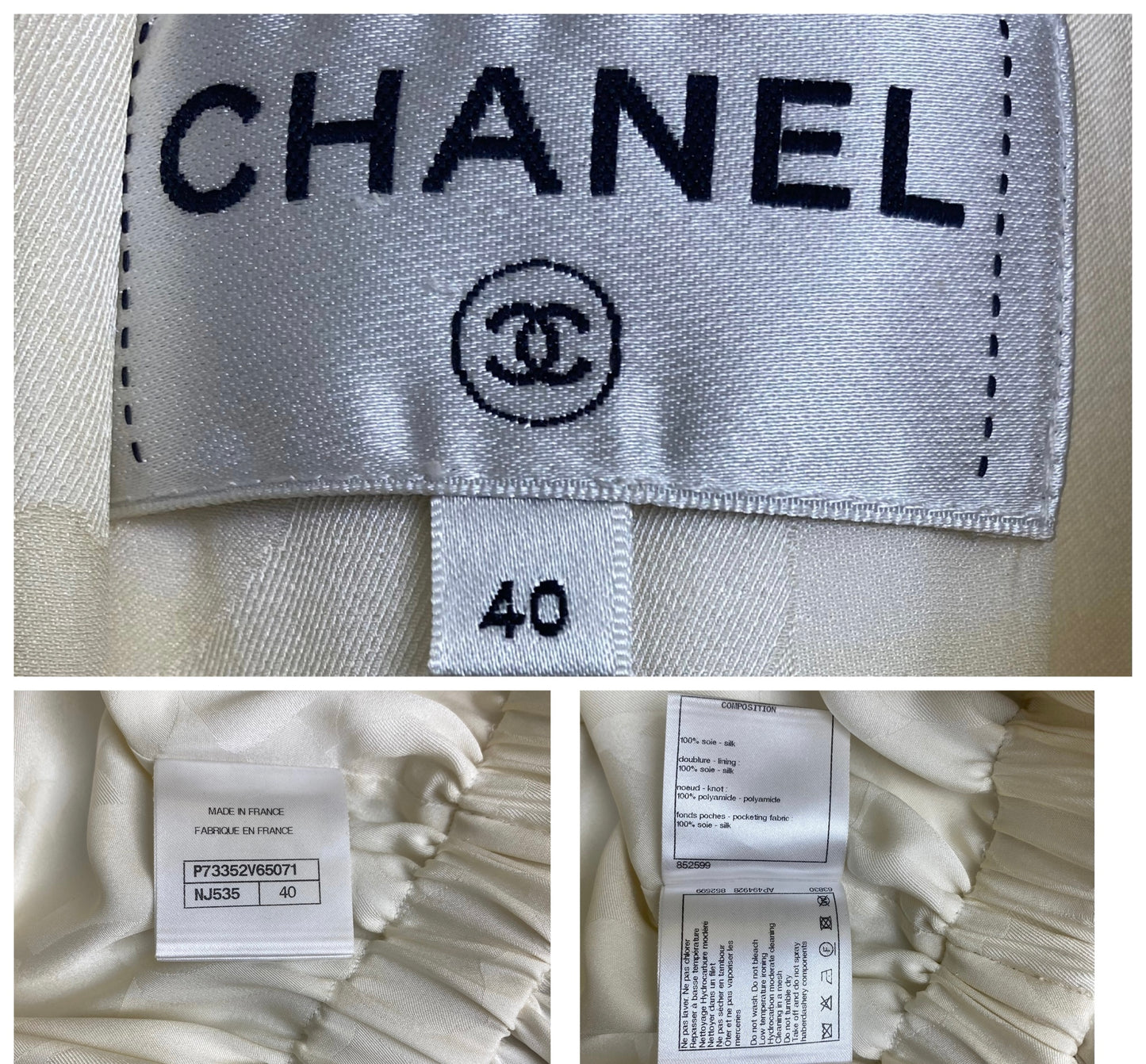 Chanel 22B Ecru Jacquard Silk CC Logo Velvet Bow Blouson Dress FR 40