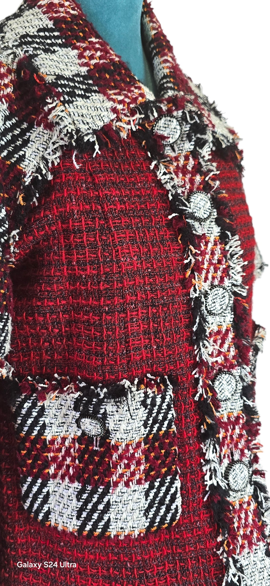 Chanel 16A Runway Burgundy Plaid Tweed Fringe Jacket FR 40