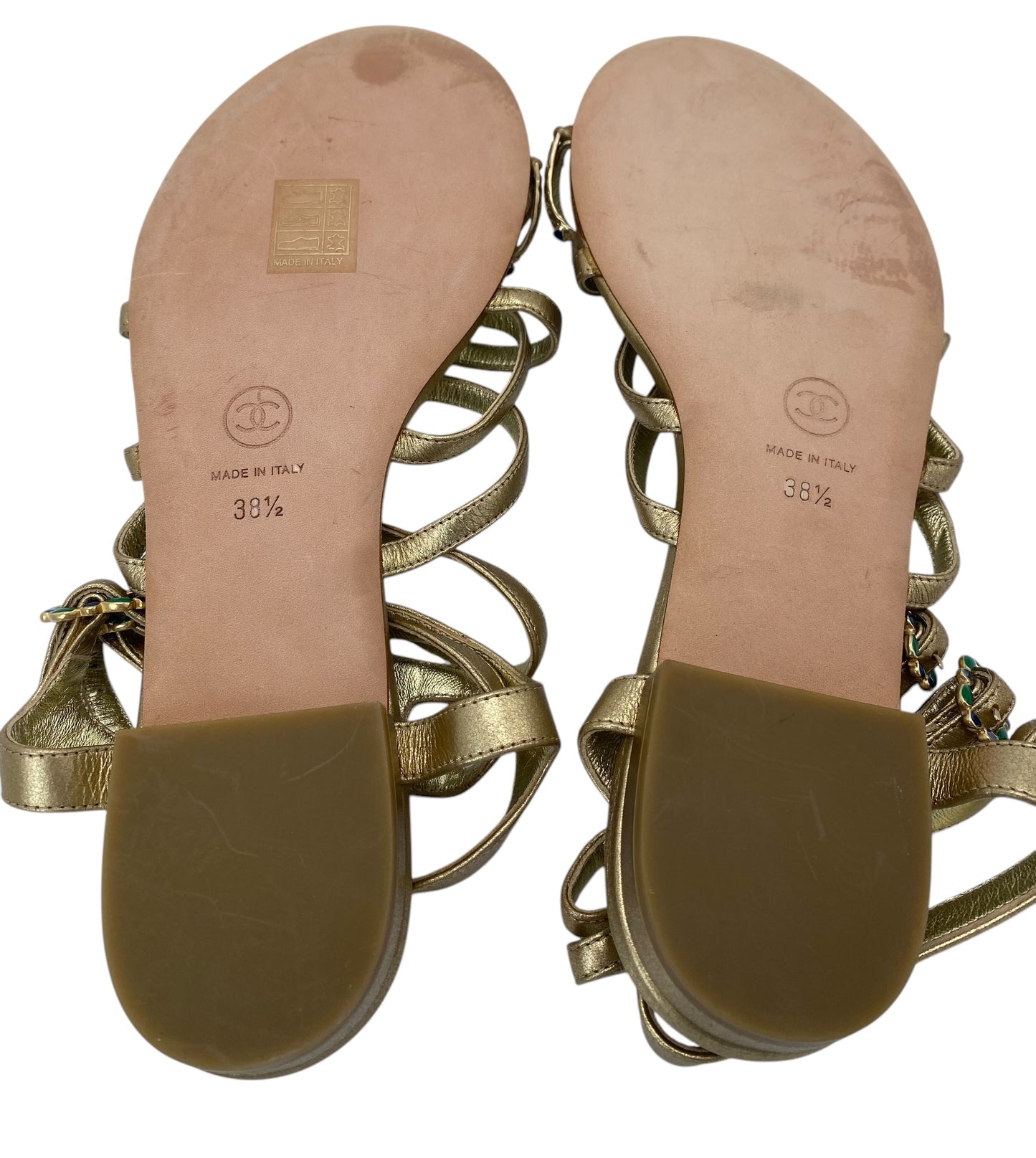 Chanel 15P Gold Metallic Jeweled Gladiator Sandal Flats EU 38.5