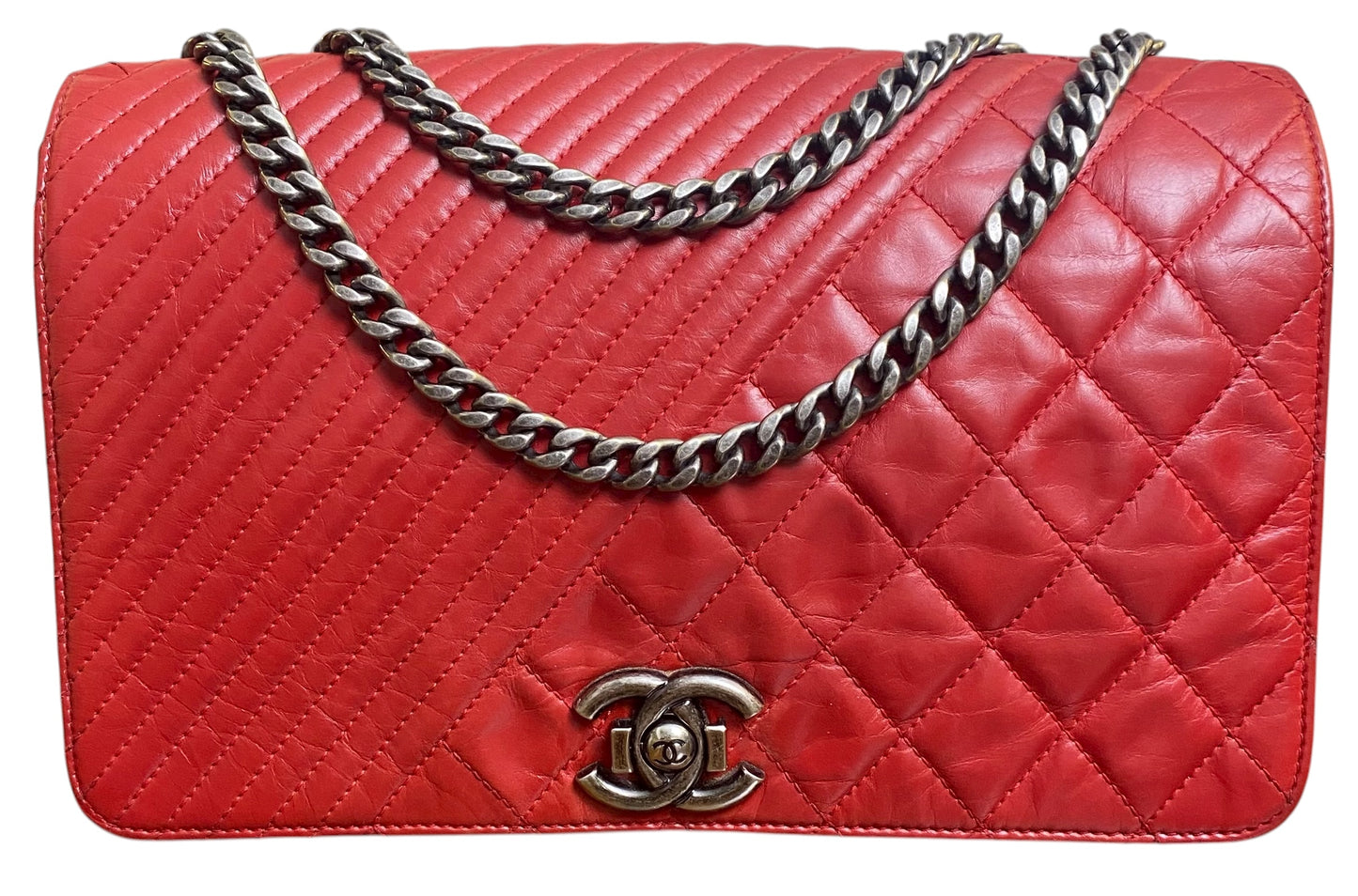 Chanel Red Quilted Glazed Aged Calfskin Leather Medium Coco Boy Flap Bag