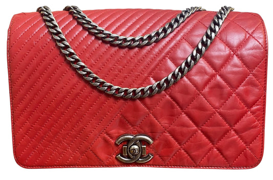 Chanel Red Quilted Glazed Aged Calfskin Leather Medium Coco Boy Flap Bag