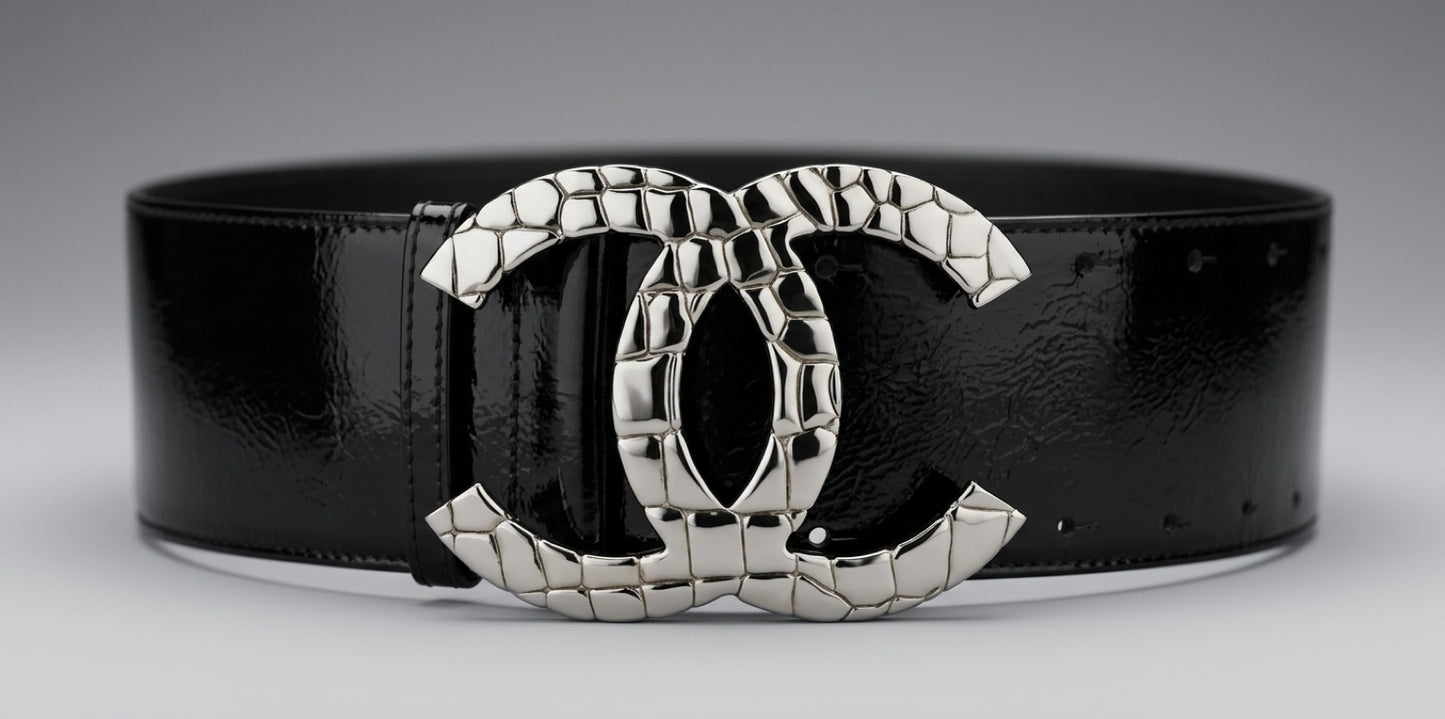 Chanel 07P Black Patent Silver Oversized CC Croc Embossed Logo Wide Belt Size 90/36