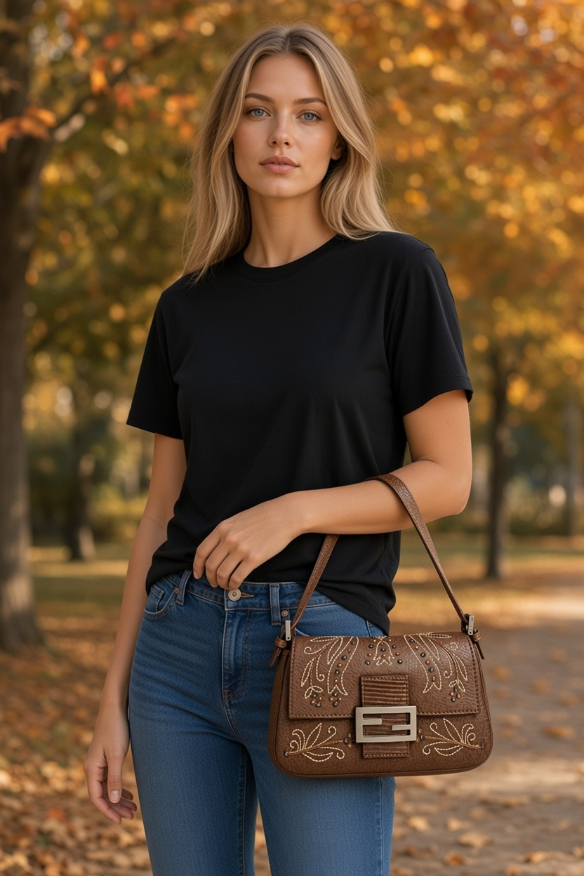 Fendi Limited Edition Dark Brown Leather Lizard Embroidered Mini Mamma Baguette Bag