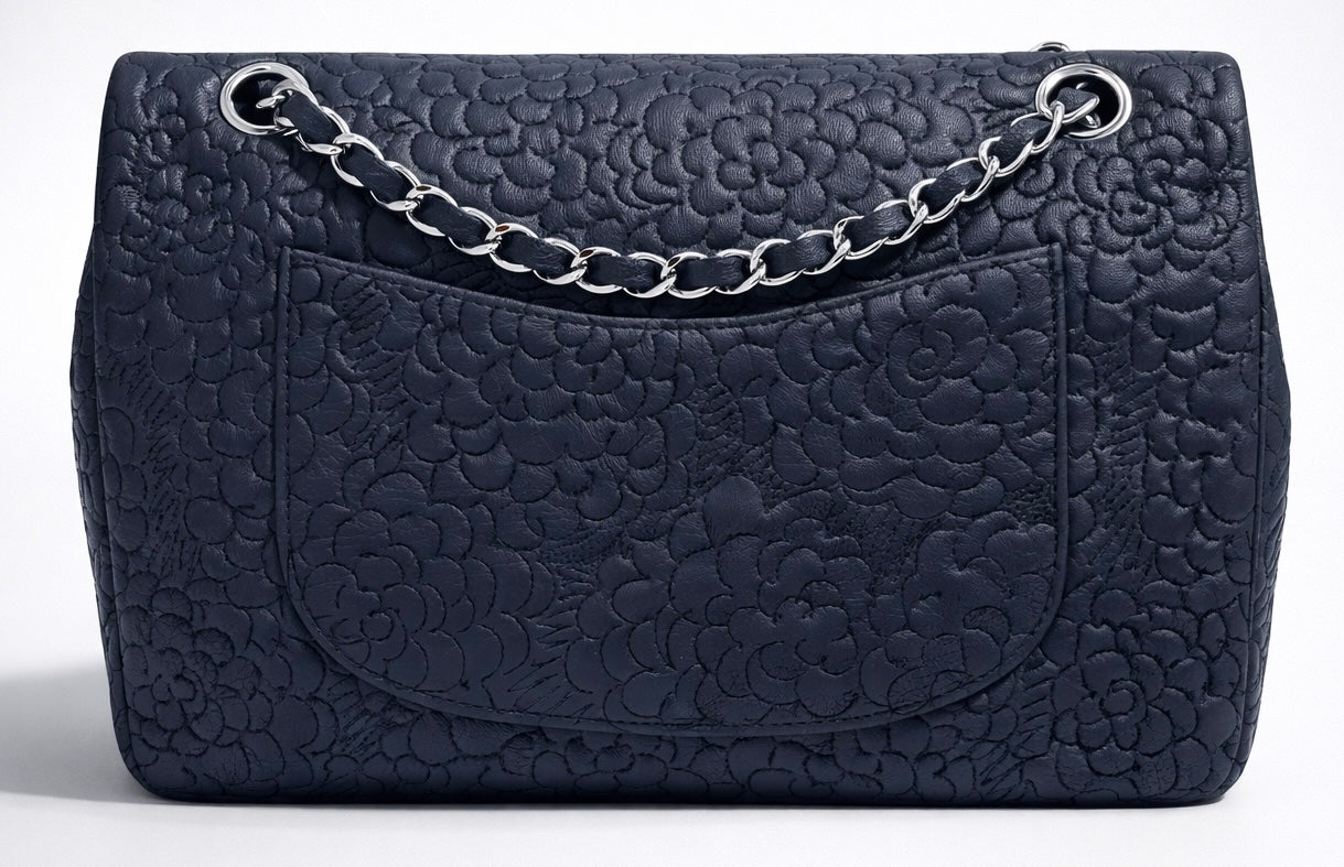 Chanel Medium Double Flap Black Camellia Lambskin Classic Timeless Bag SHW