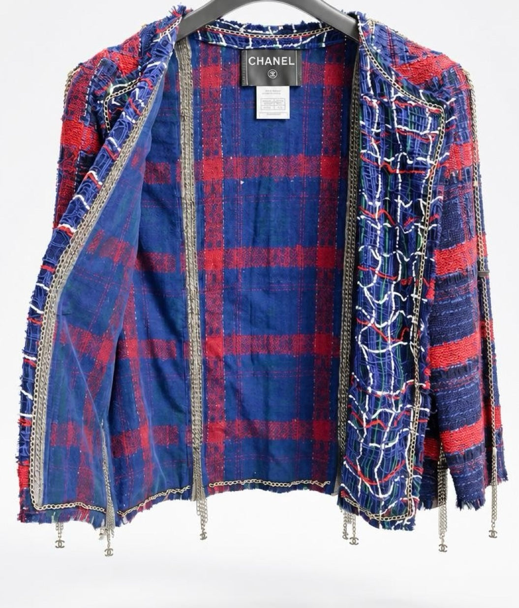 RARE CHANEL 08P RUNWAY BLUE RED GOLD CC MULTI CHAINS TWEED JACKET FR 44