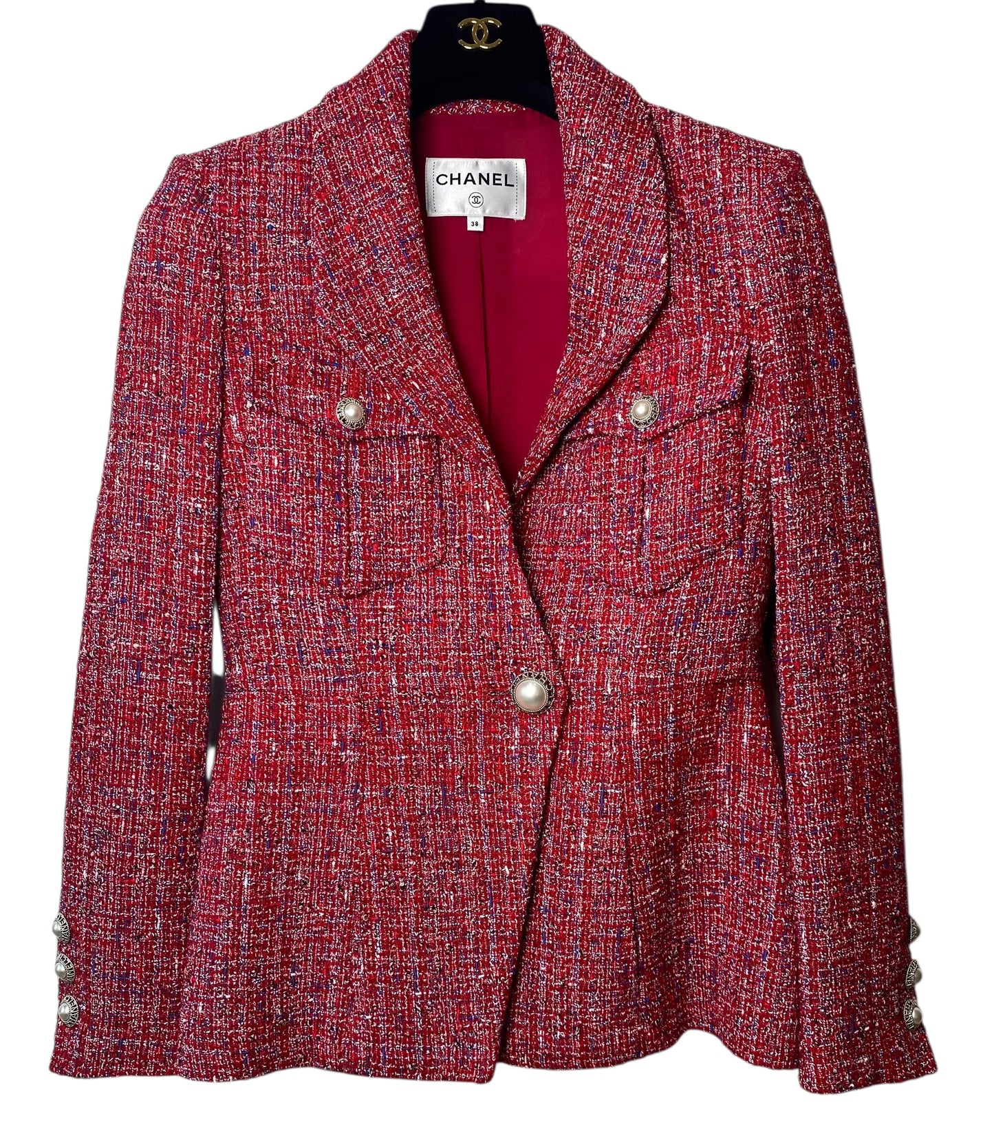 Chanel 19C La Pausa Red Tweed Pearl Jacket FR 38