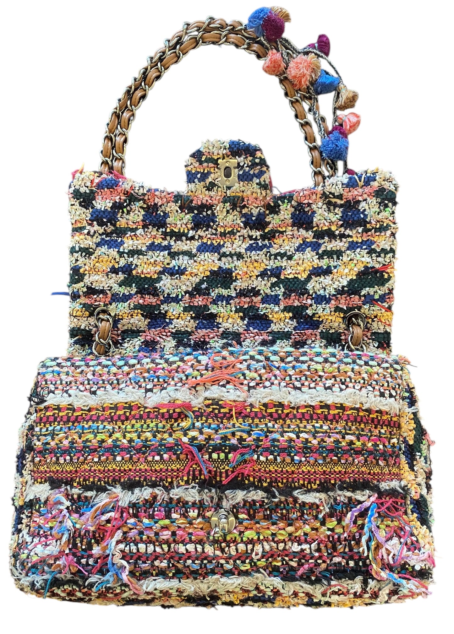 Chanel 15C Paris Dubai Pom Pom Tweed Jumbo Flap Bag