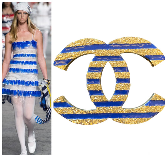 Chanel 19C La Pausa Large Blue Gold Stripe CC Brooch