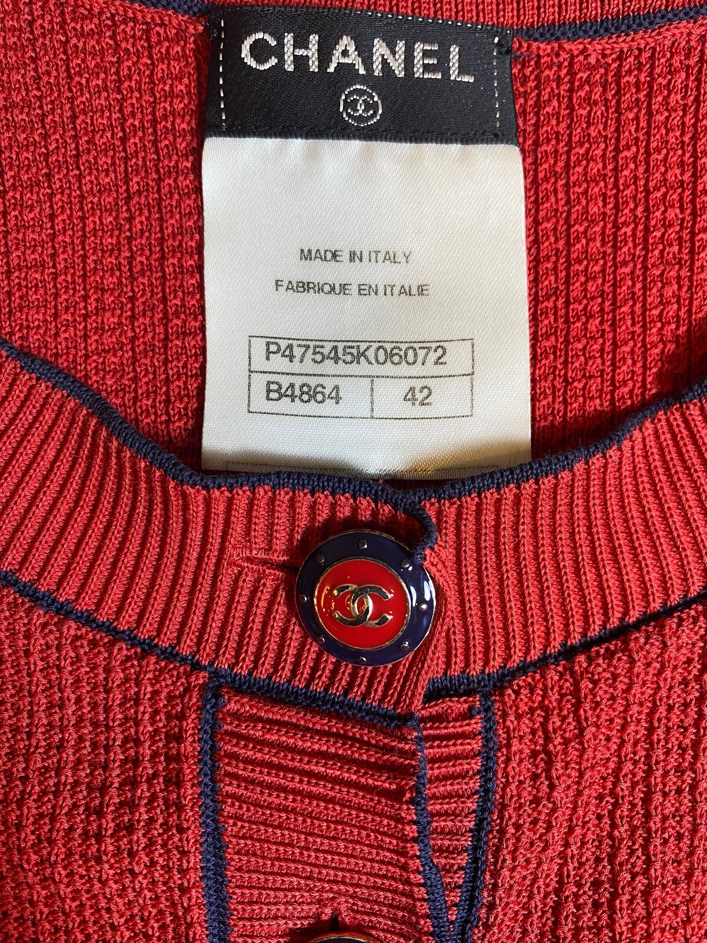 Chanel Red Navy Blue Cotton Knit Sleeveless Blouse FR 42
