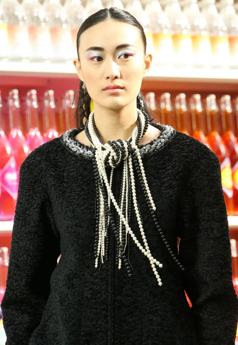 Chanel 14A Runway Supermarket Collection Black Boucle Silver Metallic Braided Trim Jacket 42