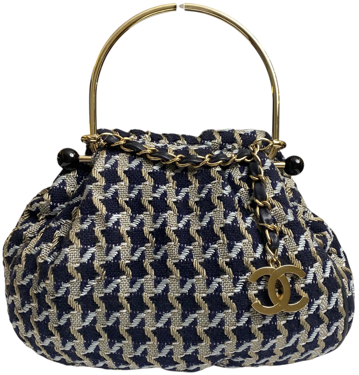 Rare Chanel 05P Runway Navy Blue Beige Tweed Top Handle Basket Bag