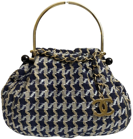 Rare Chanel 05P Runway Navy Blue Beige Tweed Top Handle Basket Bag