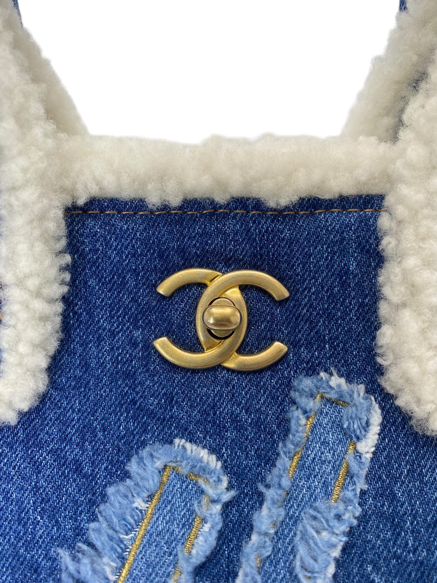 Chanel 19A Paris-New York Egypt Blue Denim & Shearling Hieroglyph Coco Shopping Tote