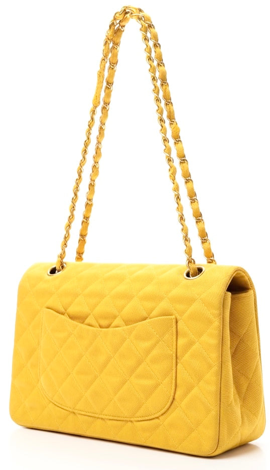 Vintage Chanel 1992 Yellow Denim Medium Classic Flap Bag 24K Gold Hardware