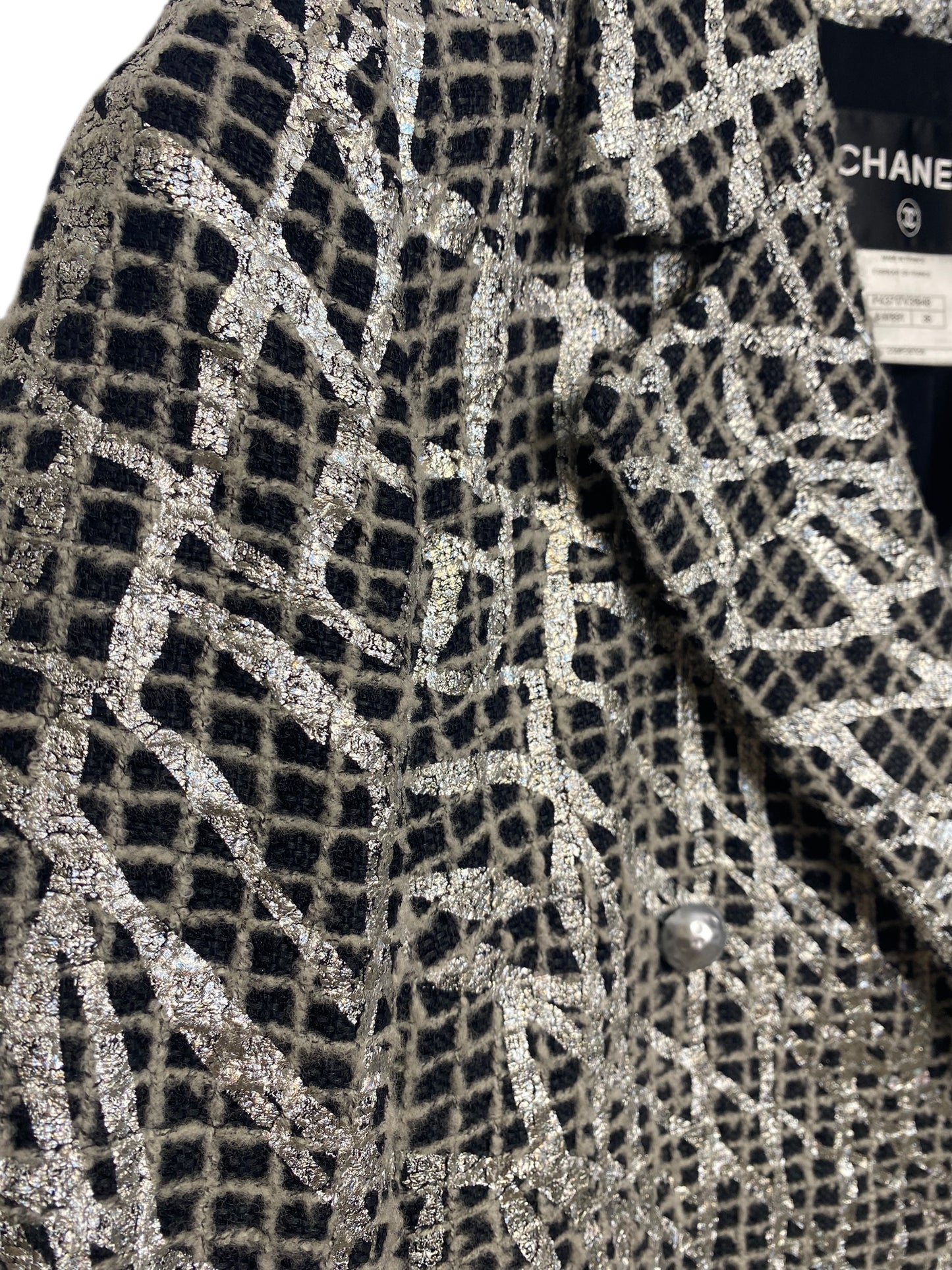 Chanel 12P Double Breasted Silver Metallic Graffiti Black Removable Pearls Jacket FR 36