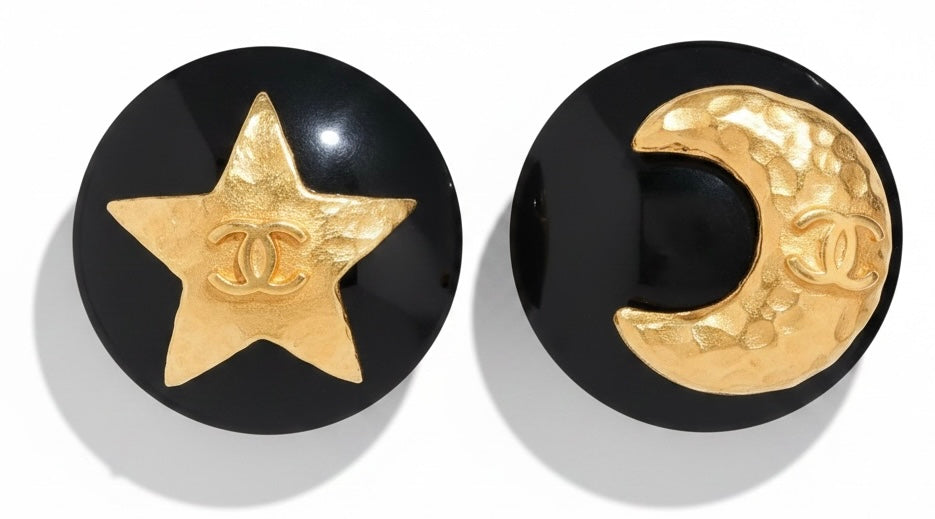 Rare Chanel 96P Vintage Large Resin Star & Moon Black 24K Gold Plated Clip-On Earrings
