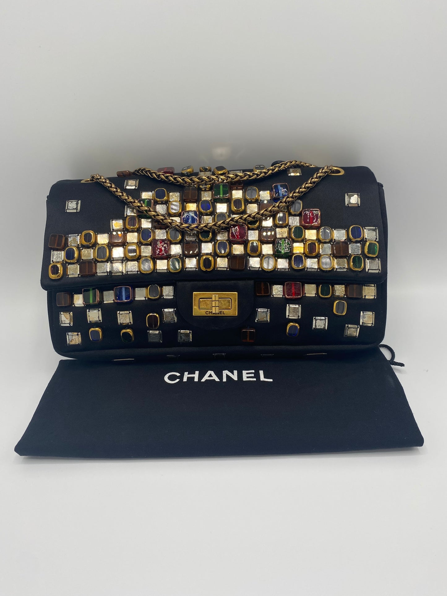 Chanel Limited Edition Paris Byzance Black Satin Gripoix 2.55 Reissue Medium Flap Bag