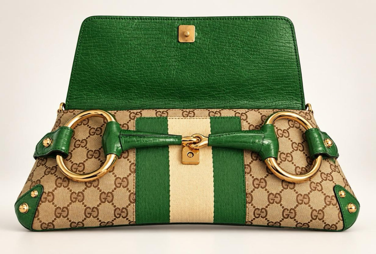 Gucci Large 1955 Tom Ford Classic Green Ivory GG Monogram Horsebit Clutch Handbag GHW