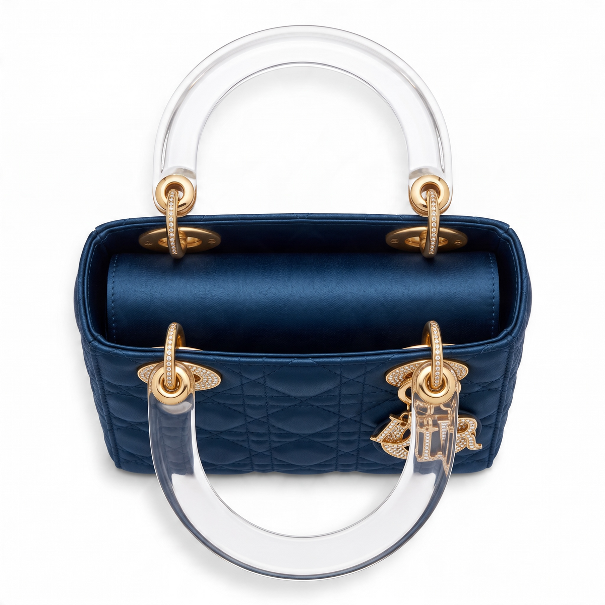 Ultra Rare Vintage 1999 Mini Lady Dior Navy Blue Gold Crystals Lucite Silk Handbag