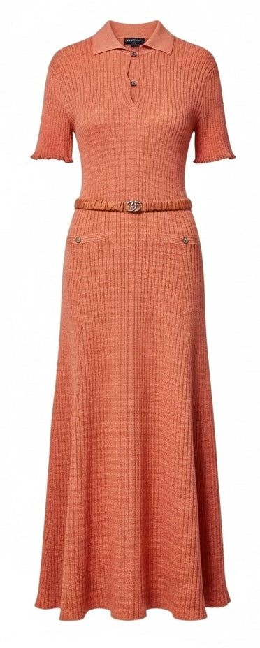 CHANEL 22P PINK CORAL ORANGE RIBBED METALLIC LUREX COLLARED MAXI DRESS FR 46