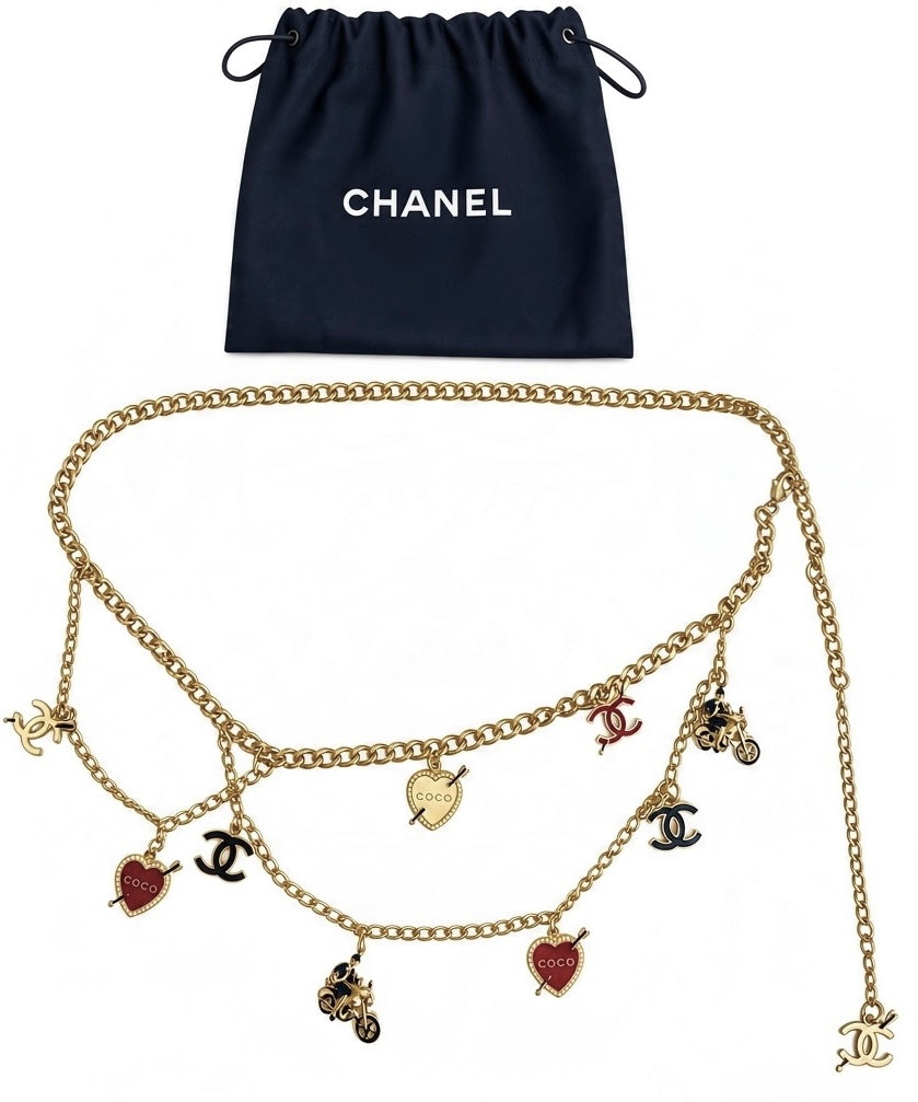 Rare Chanel 10P Coco Hearts Motorcycle Charms Chain Link Necklace/Belt GHW