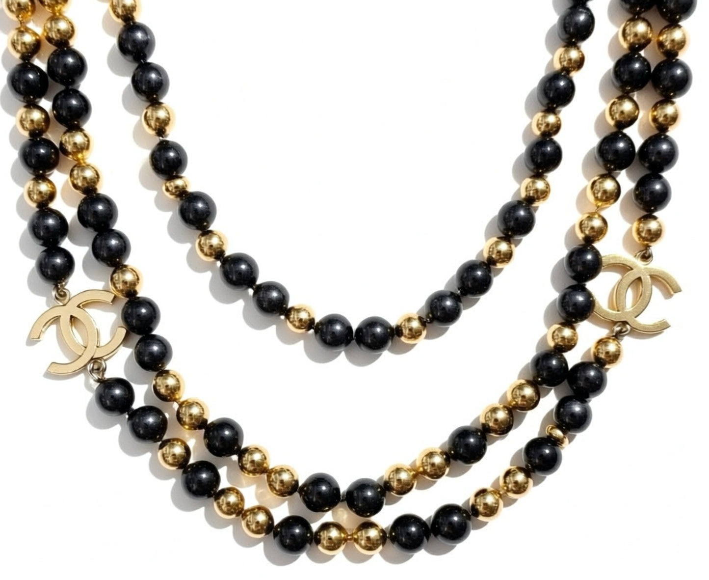 Chanel Airlines 2016 3 Strand 4 CC Extra Long Black Gold Mirror Statement Necklace