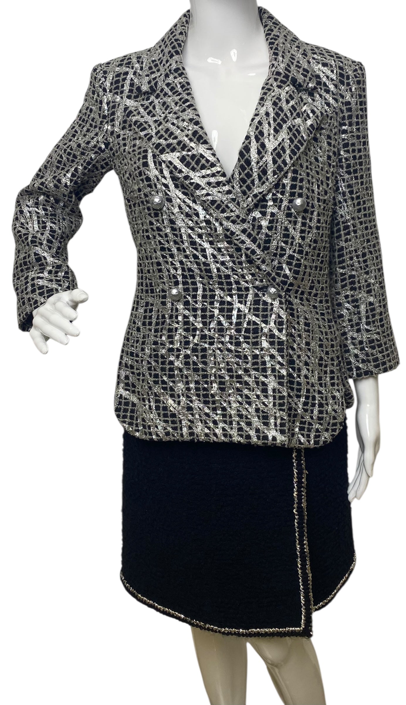 Chanel 12P Double Breasted Silver Metallic Graffiti Black Removable Pearls Jacket FR 36
