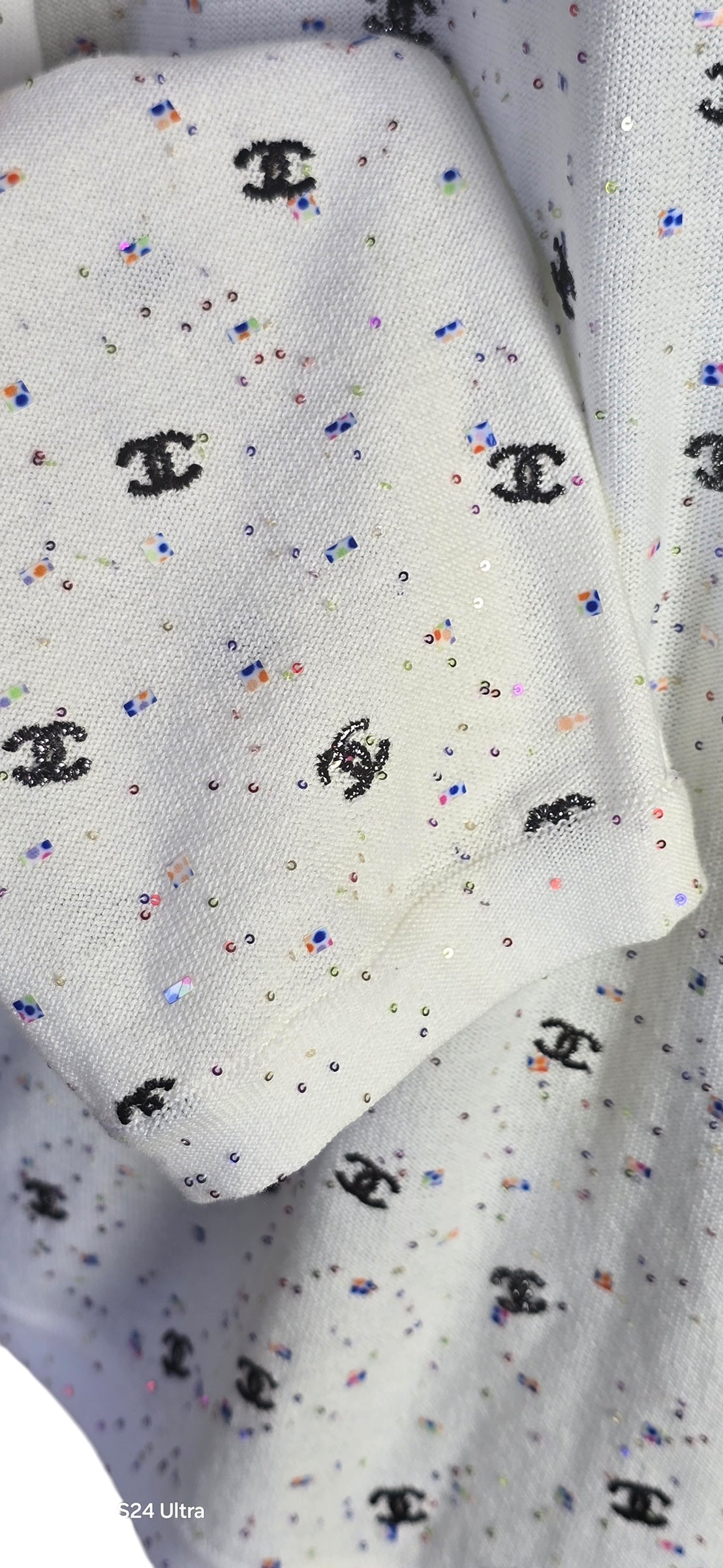 Chanel 20S White CC Logo Sequin Embroidered Long Sleeve Top FR 42