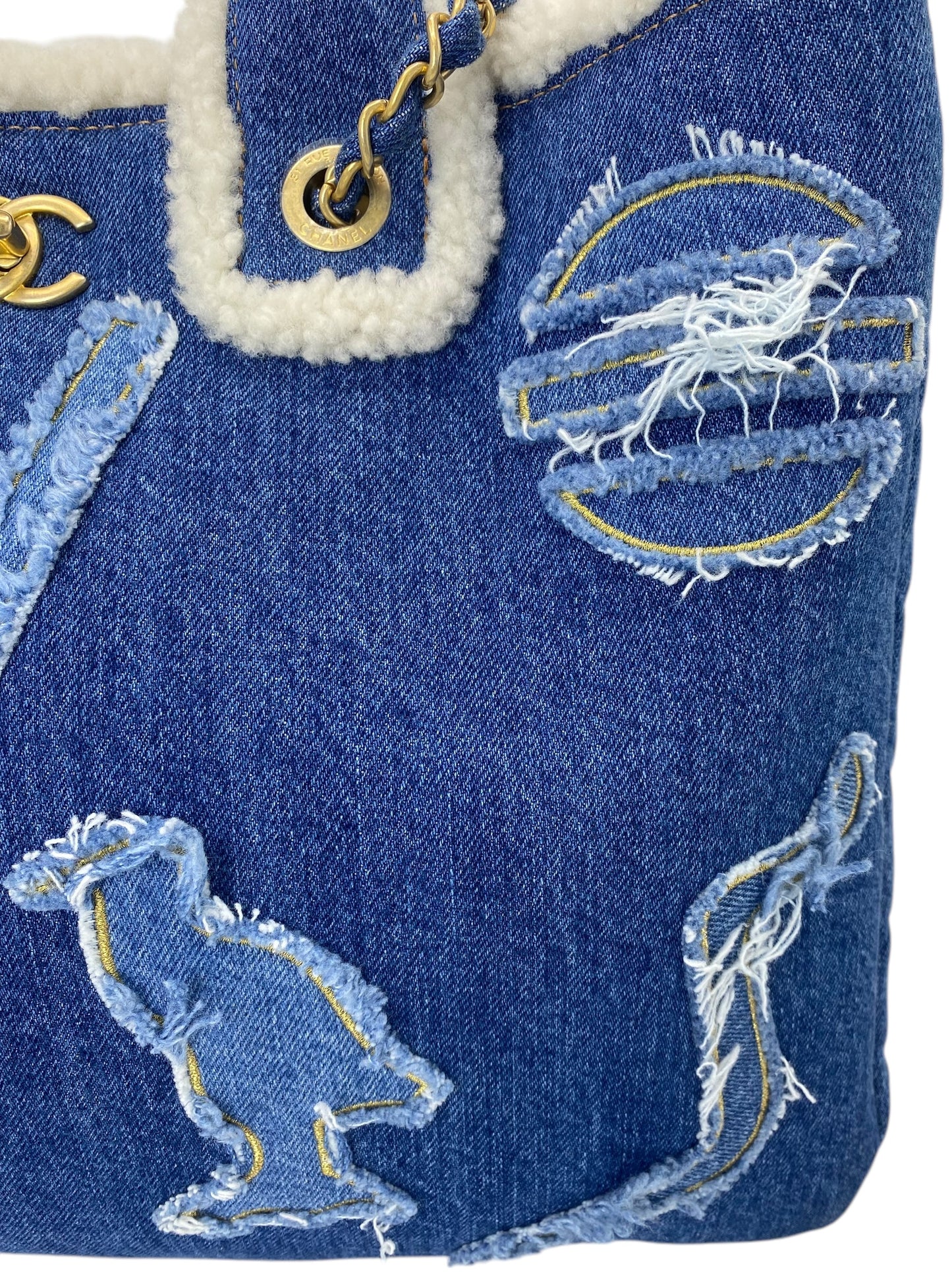 Chanel 19A Paris-New York Egypt Blue Denim & Shearling Hieroglyph Coco Shopping Tote