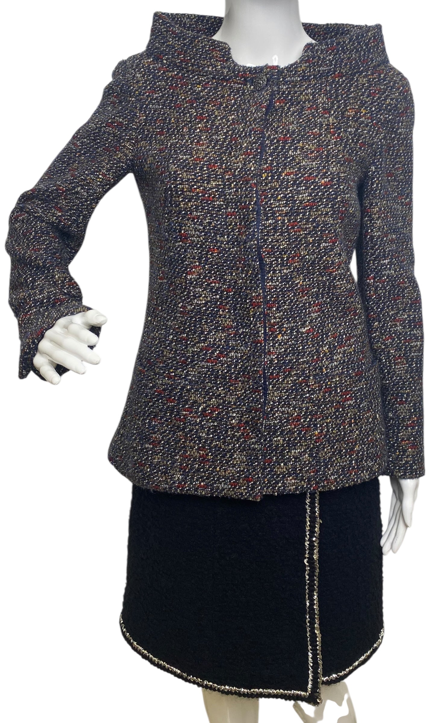 CHANEL 12A BOMBAY BLACK BROWN RED BEIGE NAVY TWEED JACKET FR 36
