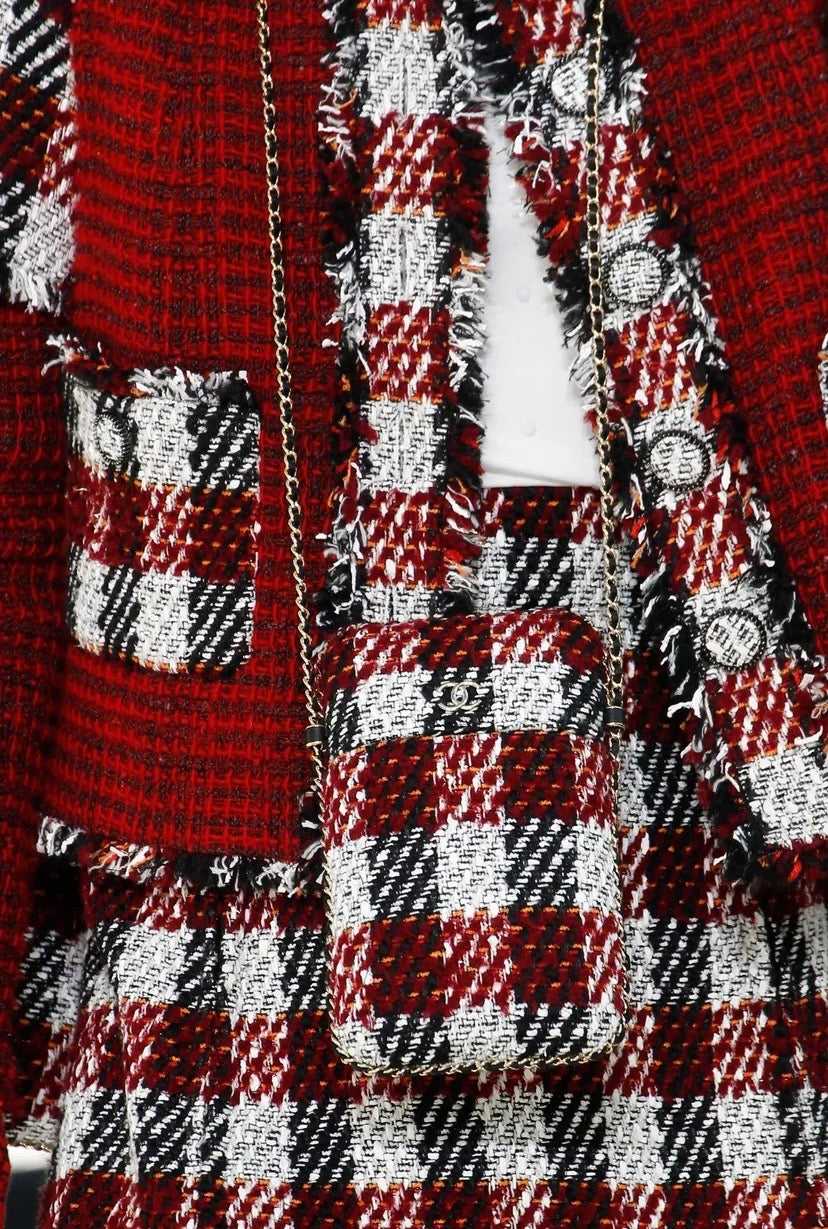 Chanel 16A Runway Burgundy Plaid Tweed Fringe Jacket FR 40