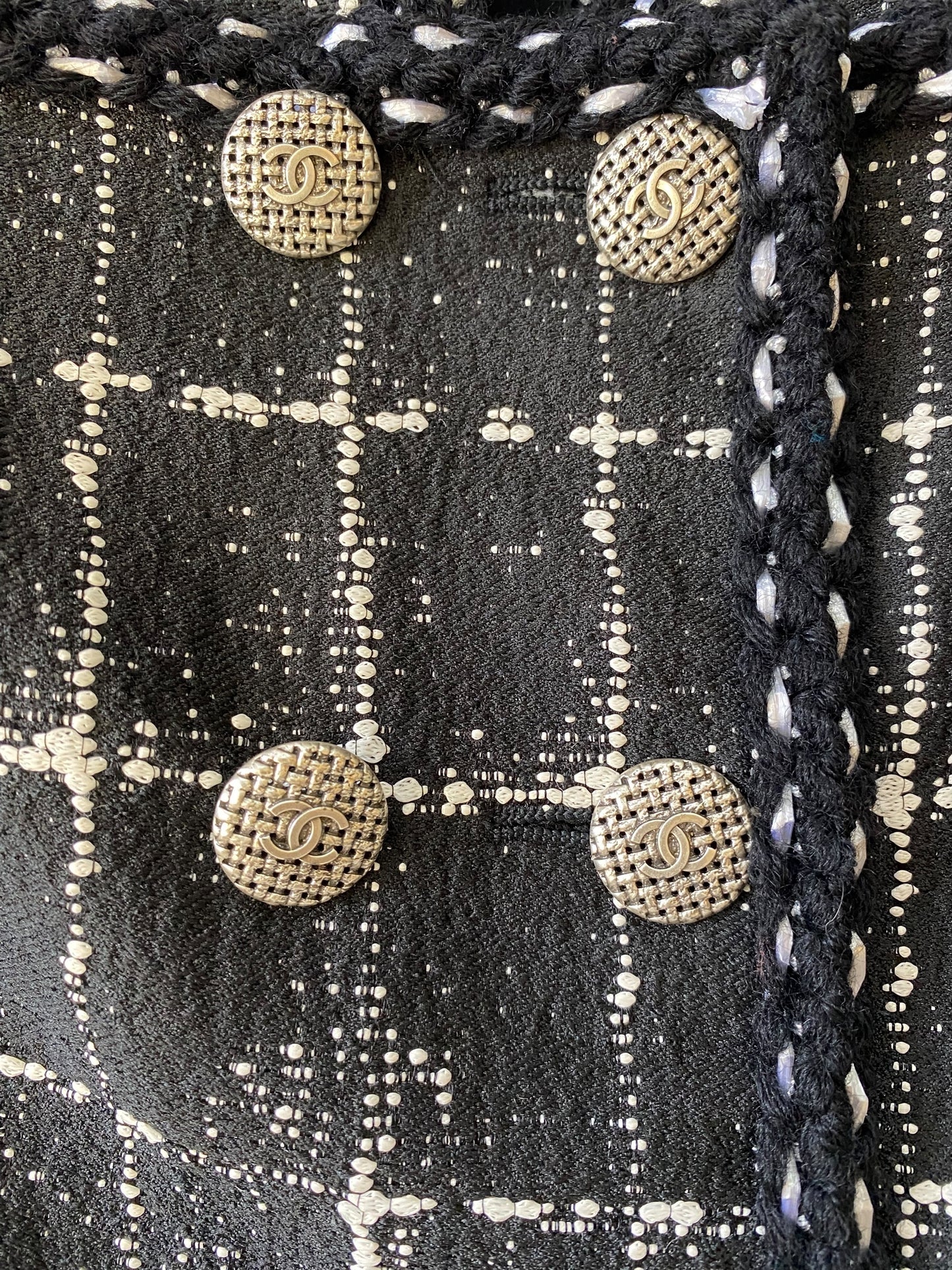 Chanel 14P Black White Grid Tweed Braided Trim Double Breasted Collarless Jacket FR 36