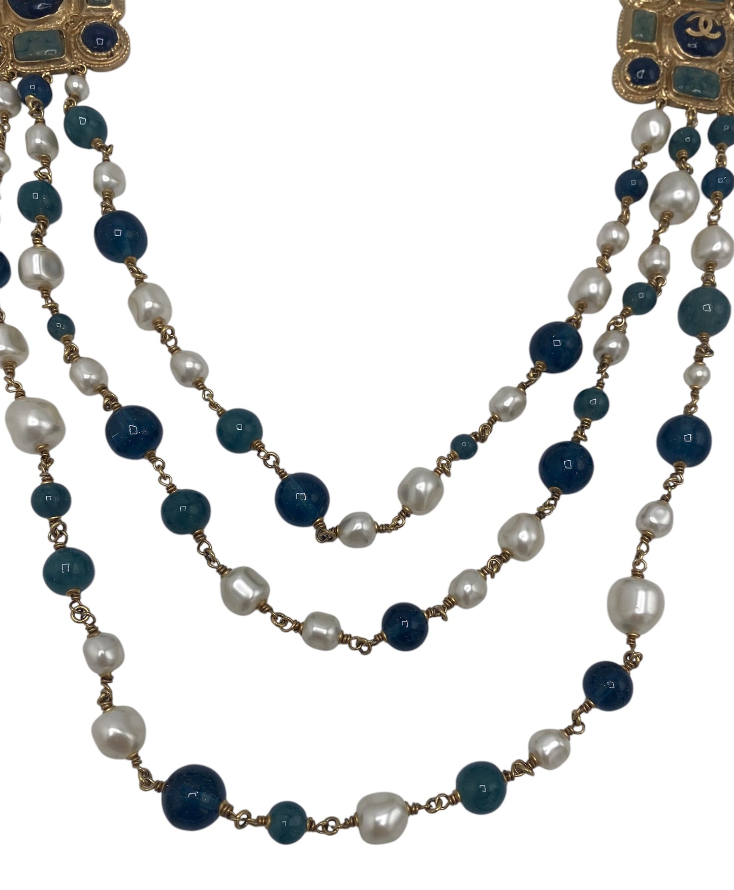 Chanel 11A Paris-Byzance 3 Strand Pearl Medallion Gold Green Blue Necklace/Belt