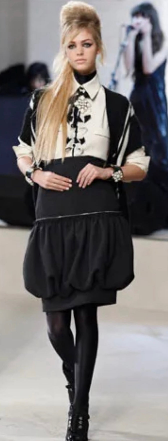 Chanel 08A Runway Silk Pleated Camellia Ecru Black Blouse FR 36