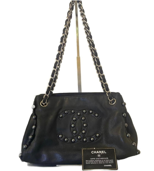 Chanel Small Black Soft Lambskin Leather Pearl Obsession Tote SHW
