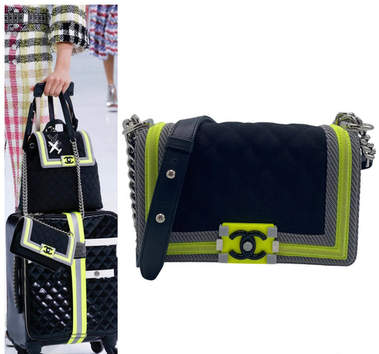 Chanel 2016 Small Canvas Quilted Neon Yellow Black Fluo Boy Flap