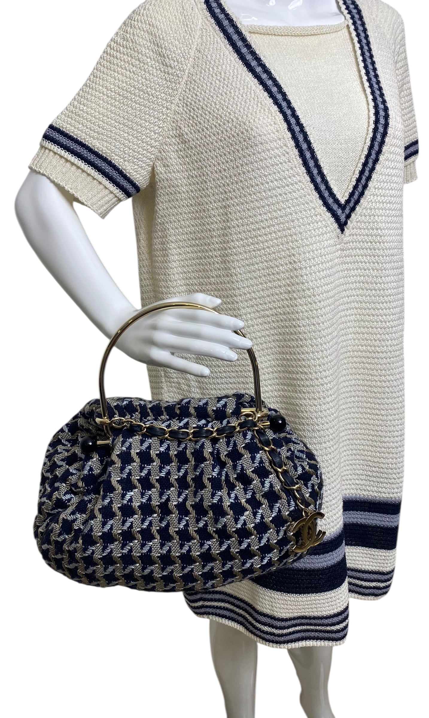 Rare Chanel 05P Runway Navy Blue Beige Tweed Top Handle Basket Bag