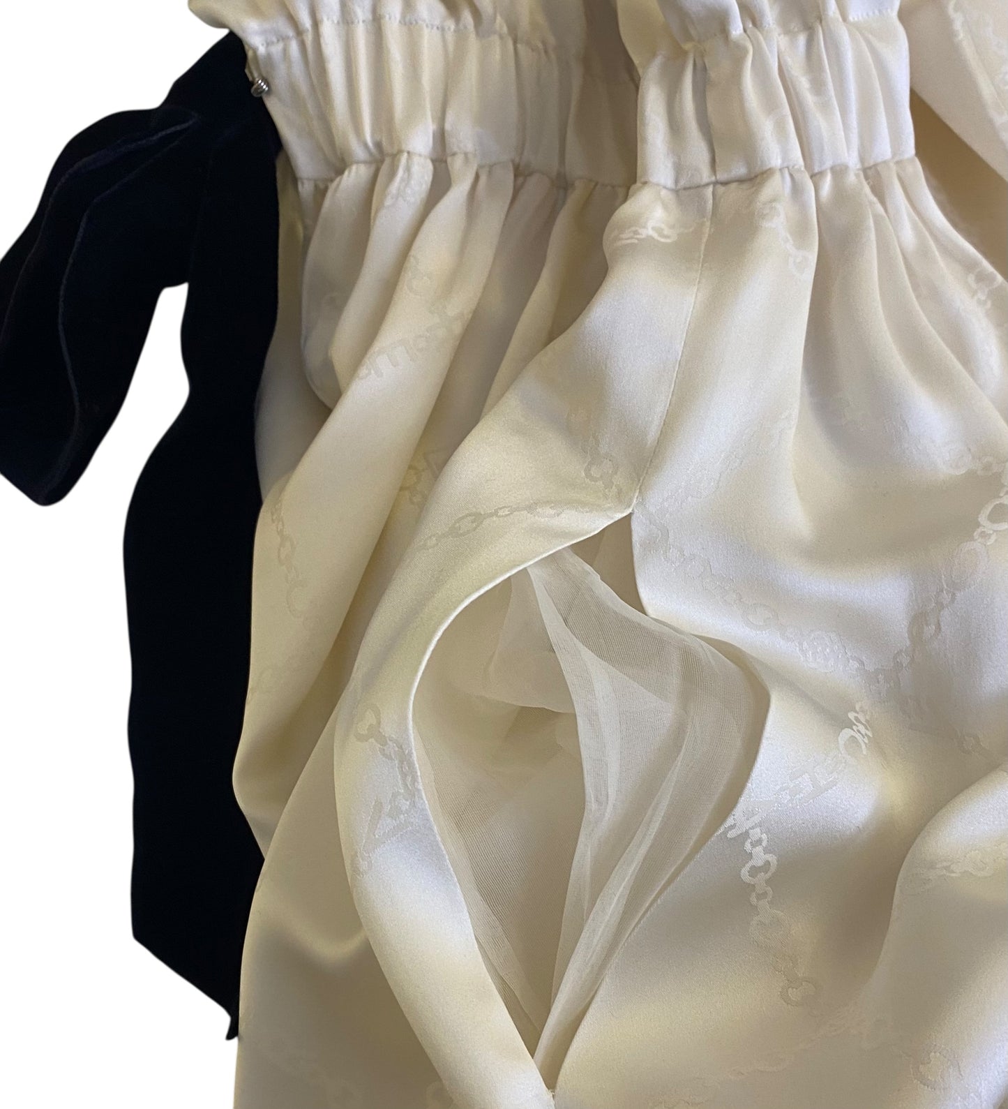 Chanel 22B Ecru Jacquard Silk CC Logo Velvet Bow Blouson Dress FR 40