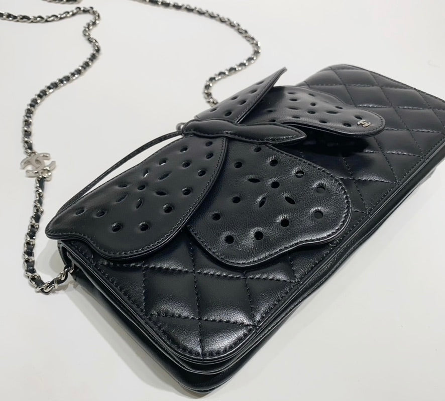 Rare Chanel 2011 Lambskin Black Butterfly Ornament Clutch Crossbody Flap Bag