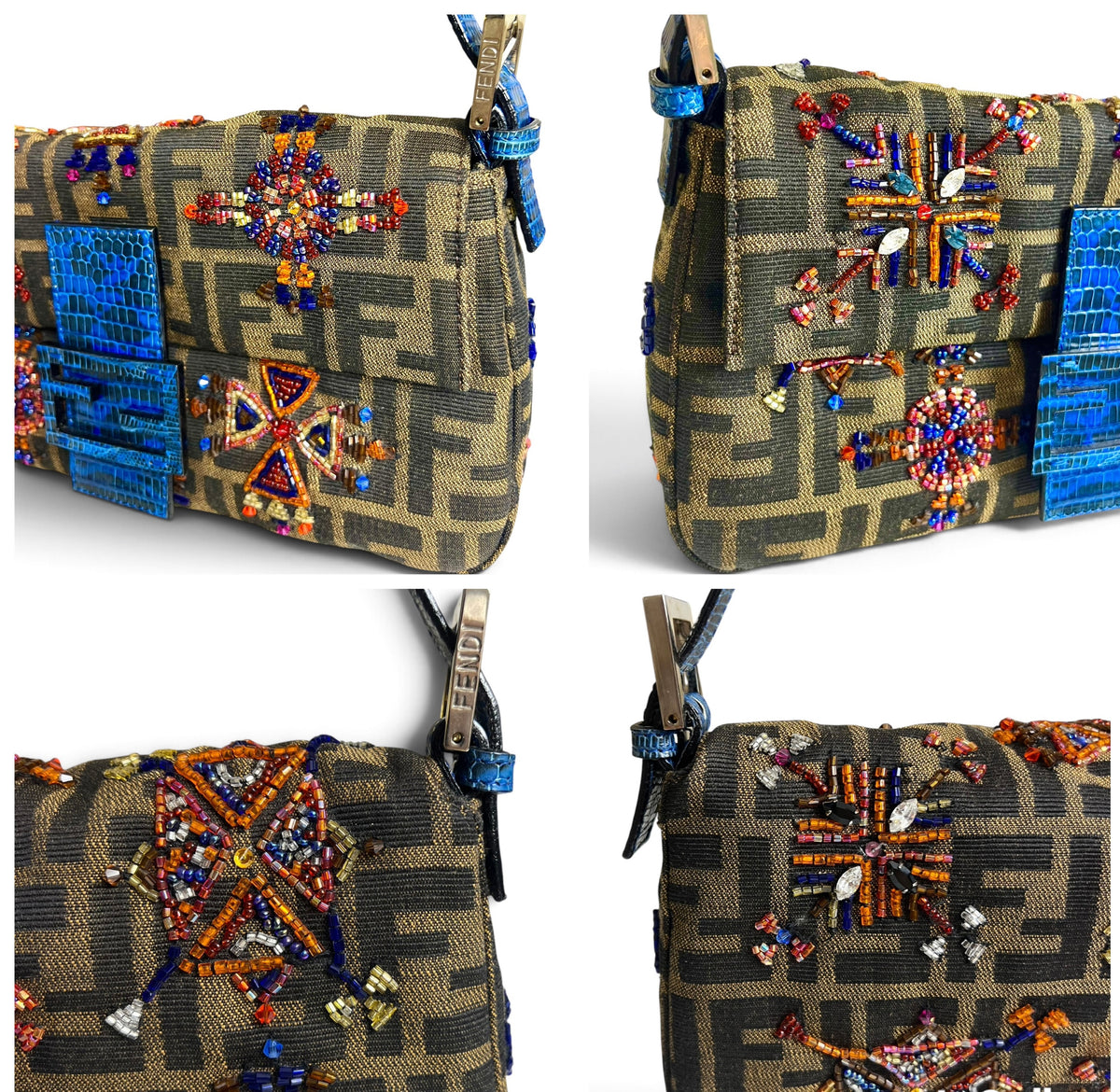 Fendi Vintage Blue Lizard Trimmed Embroidered Beaded Classic Zucca Baguette Bag