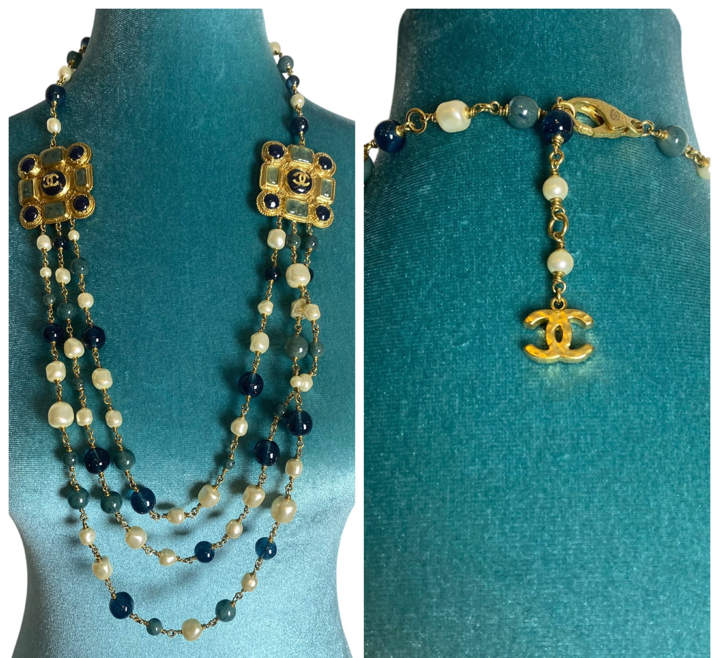 Chanel 11A Paris-Byzance 3 Strand Pearl Medallion Gold Green Blue Necklace/Belt