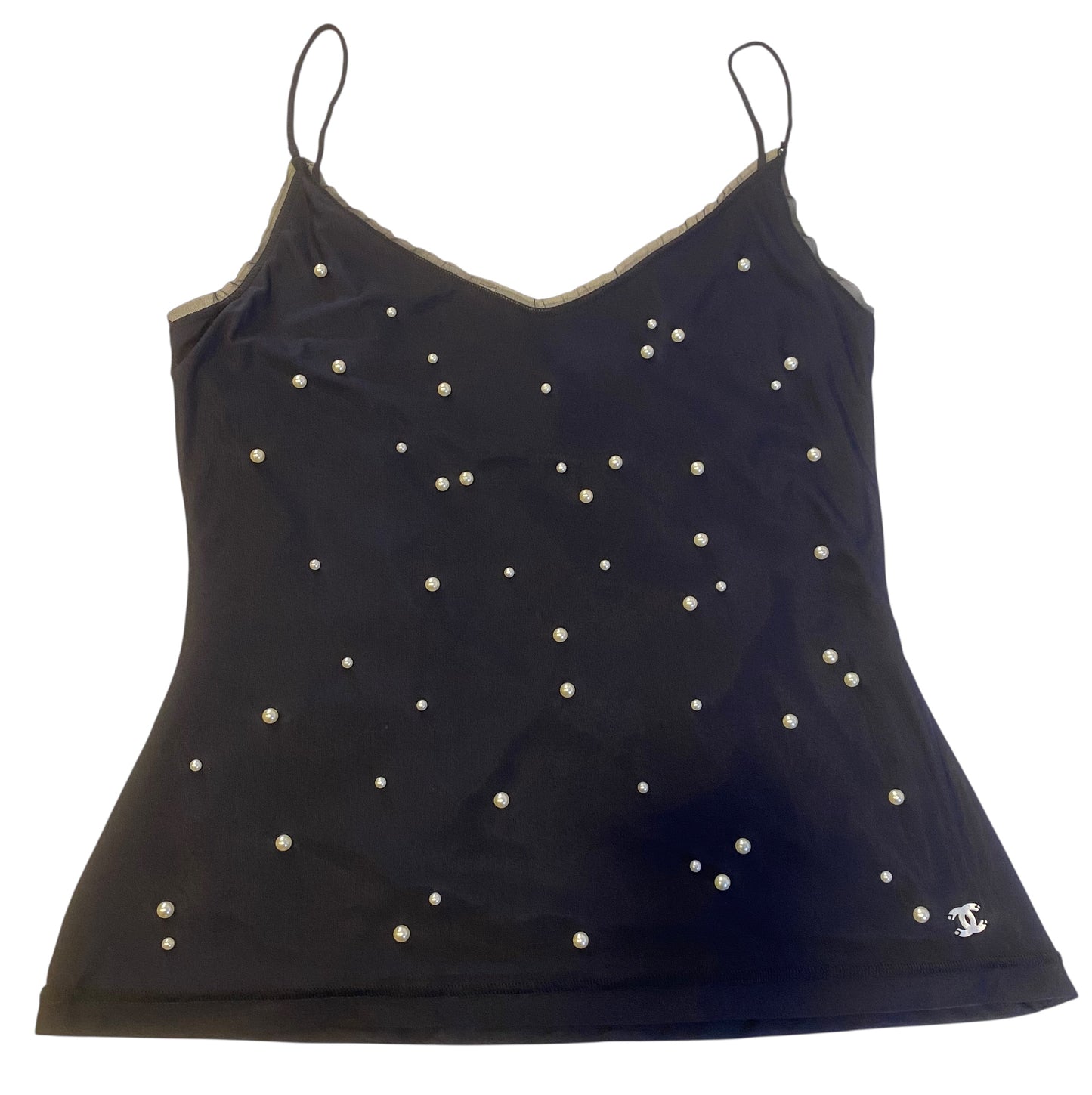 Chanel Black Pearl Embellished Camisole Tank Top Blouse FR 40