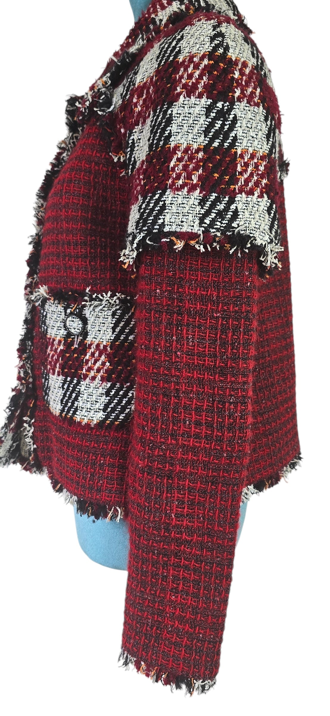 Chanel 16A Runway Burgundy Plaid Tweed Fringe Jacket FR 40