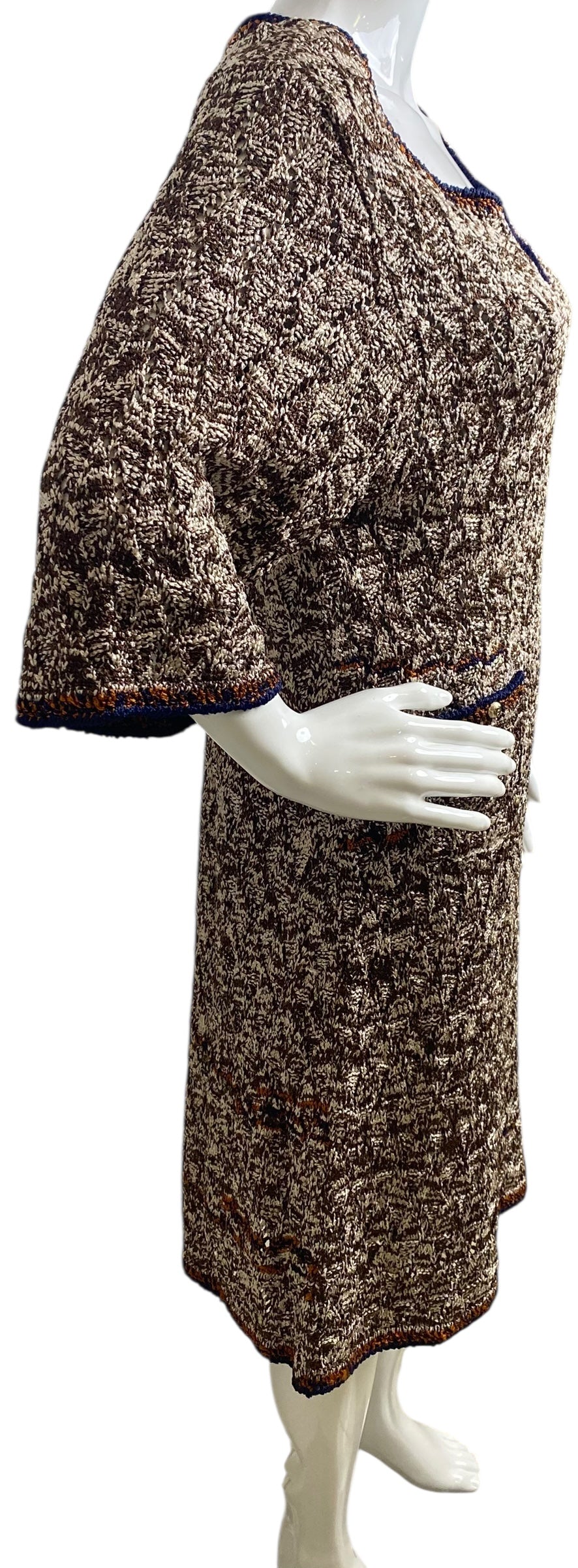 Chanel Brown Orange Navy CC Knit Crochet Dress FR 46