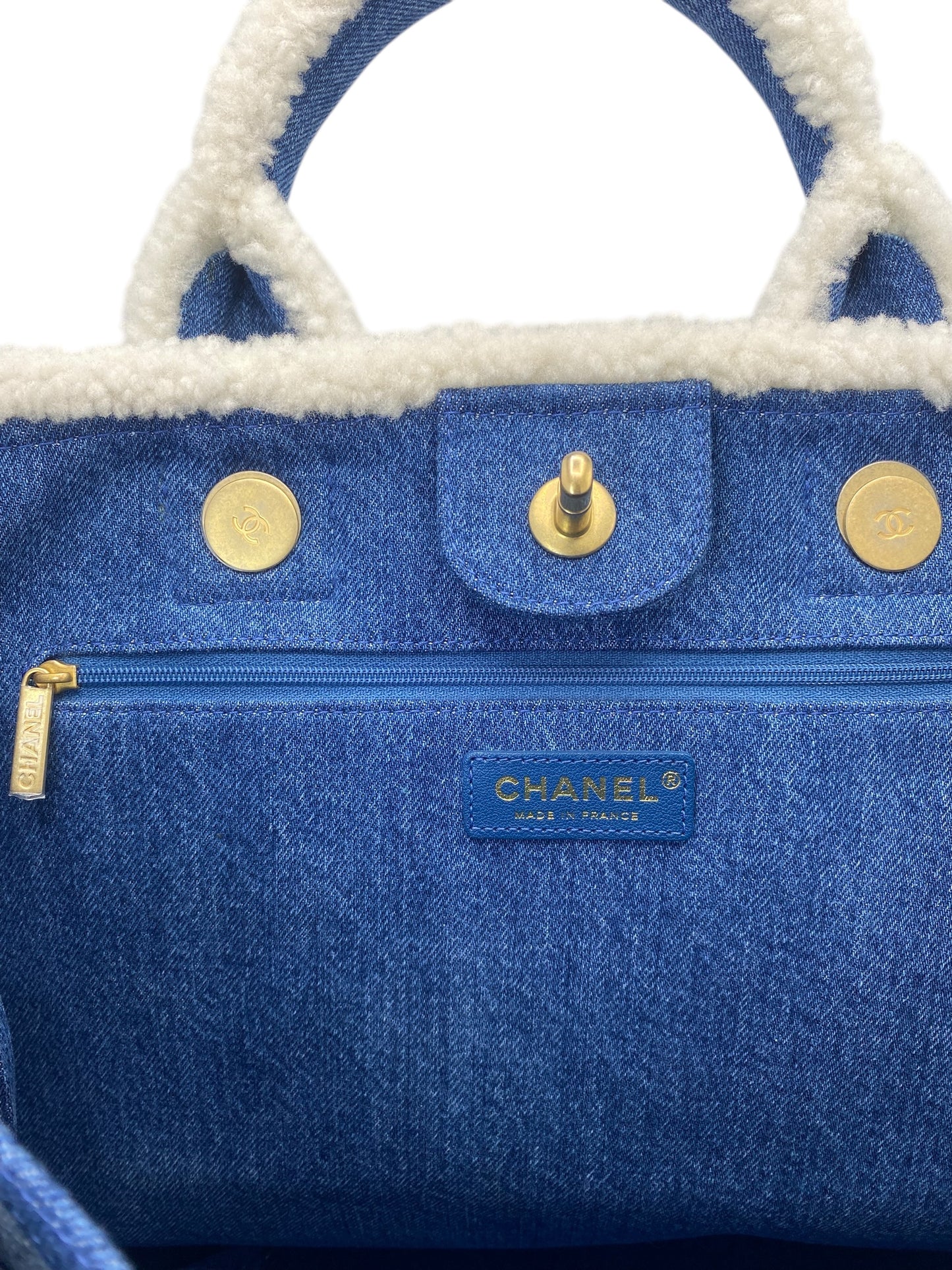 Chanel 19A Paris-New York Egypt Blue Denim & Shearling Hieroglyph Coco Shopping Tote