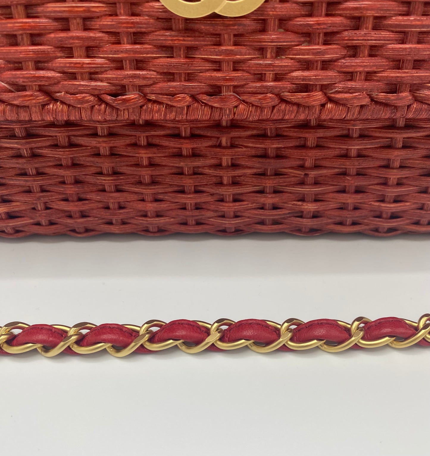 Chanel Extremely Rare 2001 Spring Red Wicker Basket Classic Flap Handbag with Matte Gold Hardware